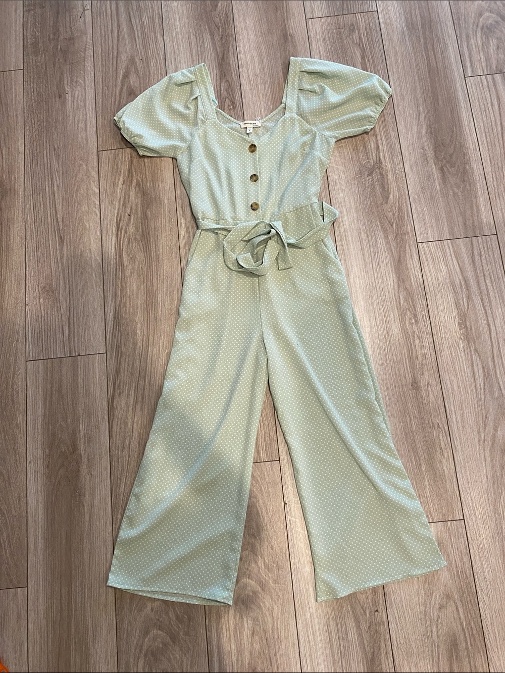 Monteau Light Sage Green Polka Dot Button-Front Jumpsuit
